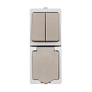 Изображение товара Блок вертикальный выключатель двухклавишный и розетка с крышкой Вуокса серый IP54 TDM