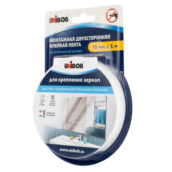 Изображение товара Двусторонняя клейкая лента для крепления зеркал UNIBOB 19ммх5м вспененная