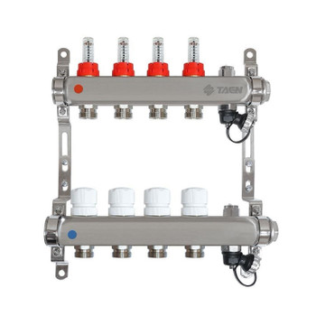Коллекторная группа Taen 1" евроконус 3/4" на 4 выхода с расходомерами