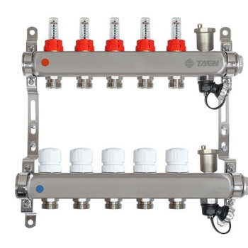 Коллекторная группа Taen 1" евроконус 3/4" на 5 выходов с расходомерами