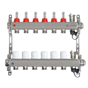 Коллекторная группа Taen 1" евроконус 3/4" на 6 выходов с расходомерами