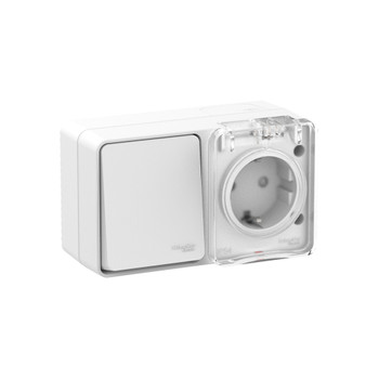 Блок выключателя одноклавишный и розетка с крышкой AtlasDesign белый IP54 Systeme Electric