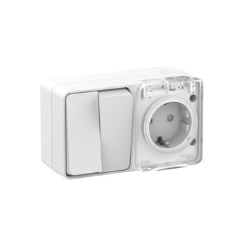 Блок выключателя двухклавишный и розетка с крышкой AtlasDesign белый IP54 Systeme Electric