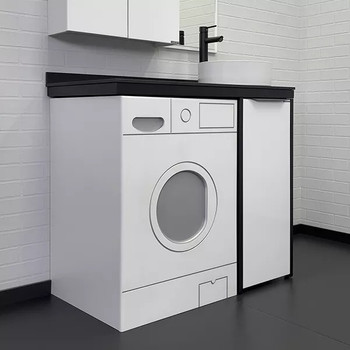 Тумба под стиральную машину Comforty Лозанна 100 с раковиной Comforty 9111 белый глянцевый со столешницей под мрамор Калакатта Блэк