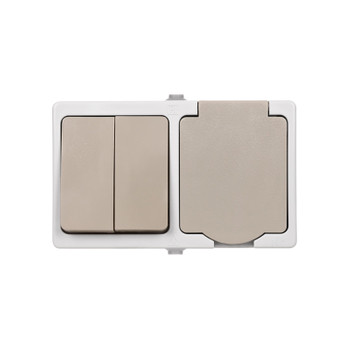 Блок горизонтальный выключатель двухклавишный и розетка с крышкой Вуокса серый IP54 TDM