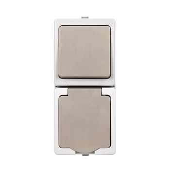 Изображение товара Блок вертикальный выключатель одноклавишный и розетка с крышкой Вуокса серый IP54 TDM