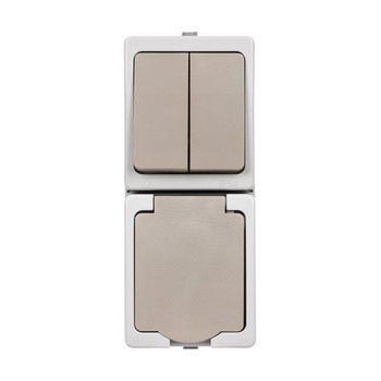 Блок вертикальный выключатель двухклавишный и розетка с крышкой Вуокса серый IP54 TDM