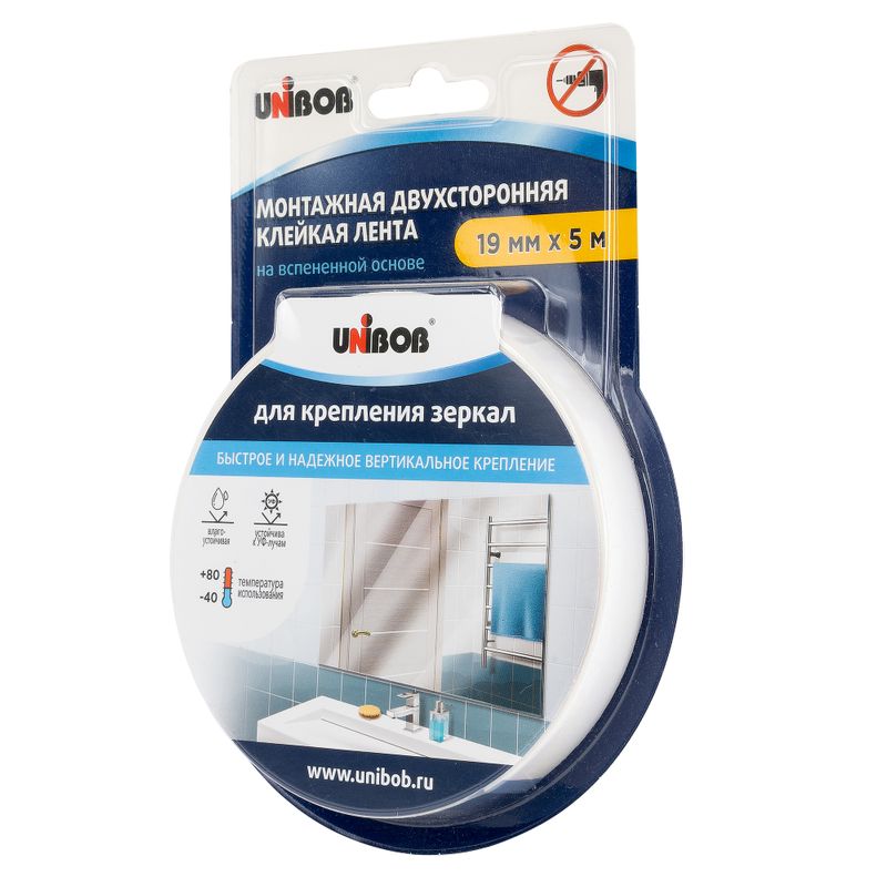 Двусторонняя клейкая лента для крепления зеркал UNIBOB 19ммх5м вспененная