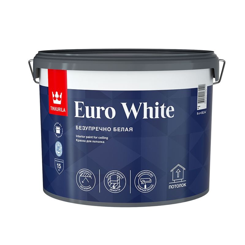 Краска для потолков Tikkurila Euro White глубокоматовая белая 9 л
