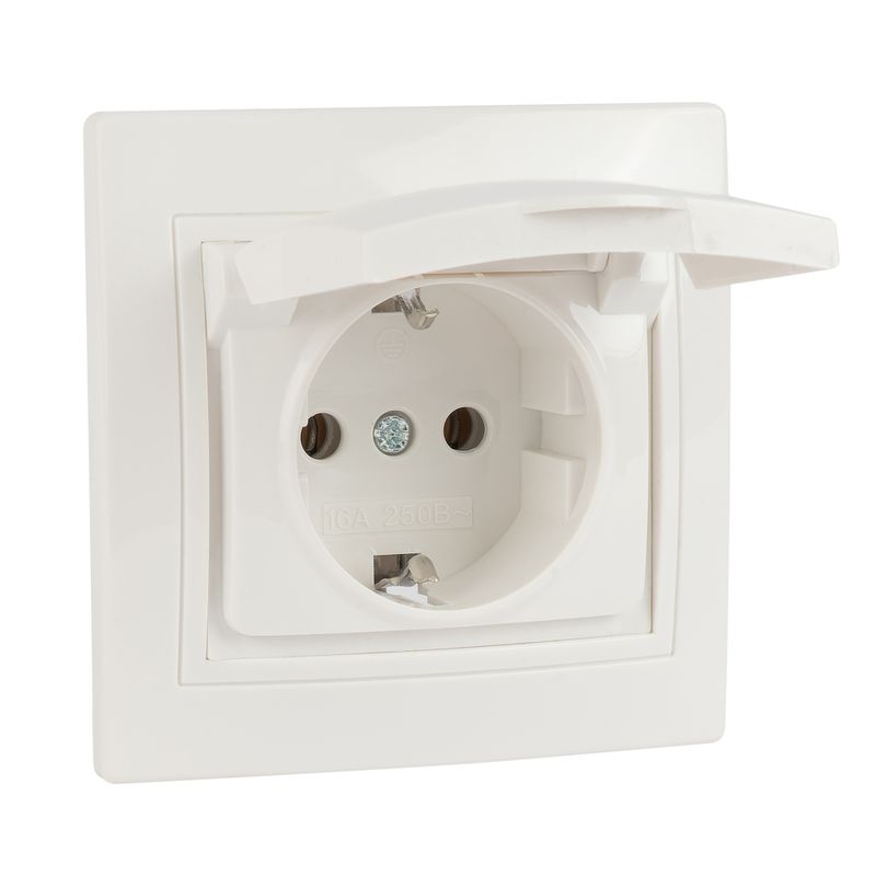Розетка одноместная с заземлением с крышкой Кварта белая IP20 IEK