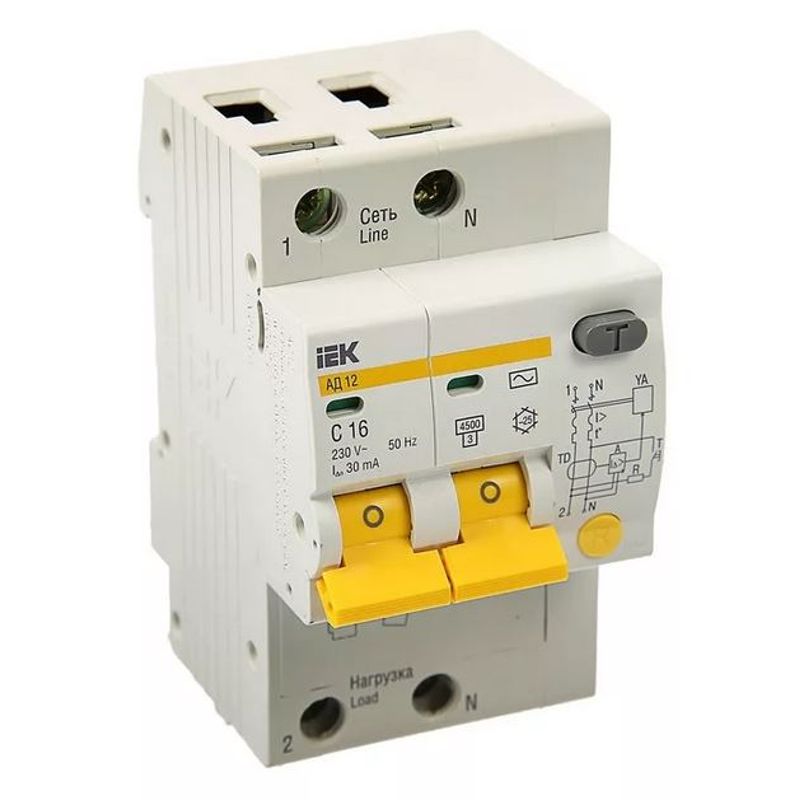 Выключатель автоматический дифференциального тока двухполюсный C 16А 30мА тип AC 4,5кА АД-12 IEK