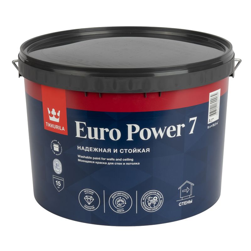 Краска для стен и потолков Tikkurila Euro Power 7 белая база А 9 л