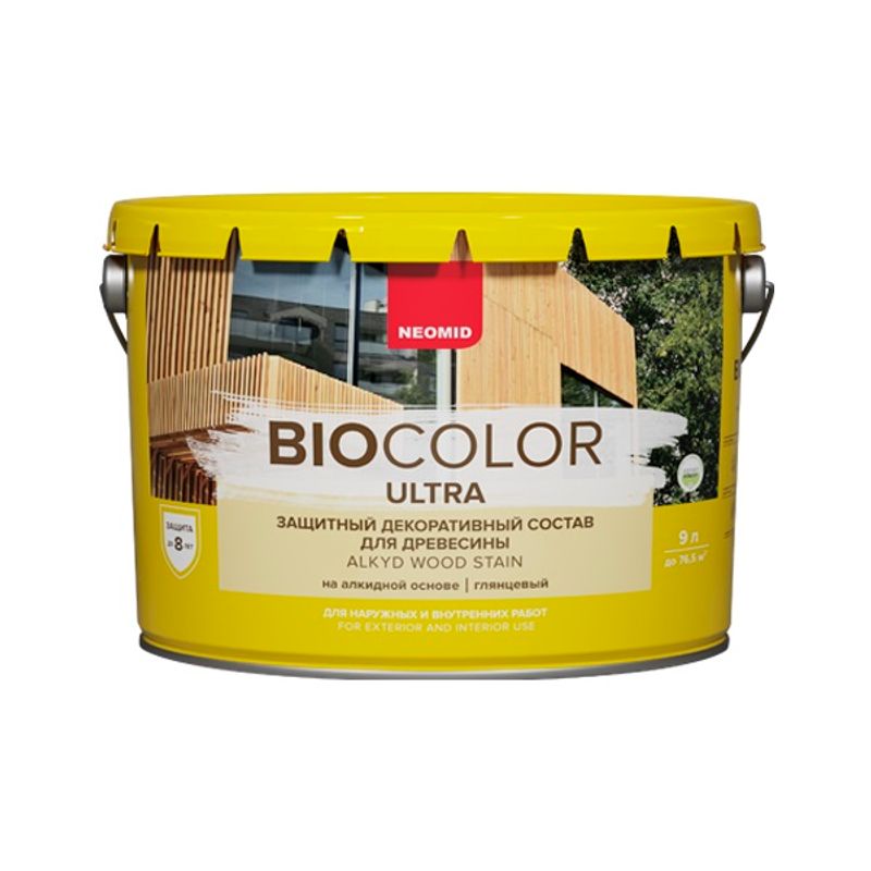 Защитный декоративный состав для древесины Neomid Bio color ultra бесцветный 9 л