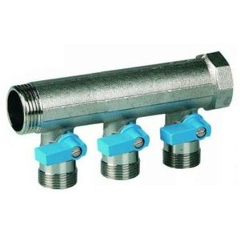 Коллектор с синими кранами 3/4"х3вых. 3/4" НР евроконус HENCO