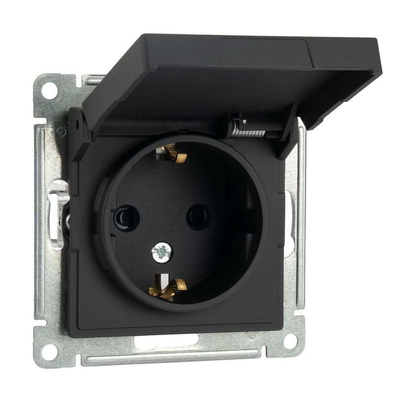 Механизм розетки с заземлением со шторками и крышкой AtlasDesign карбон IP20 Systeme Electric