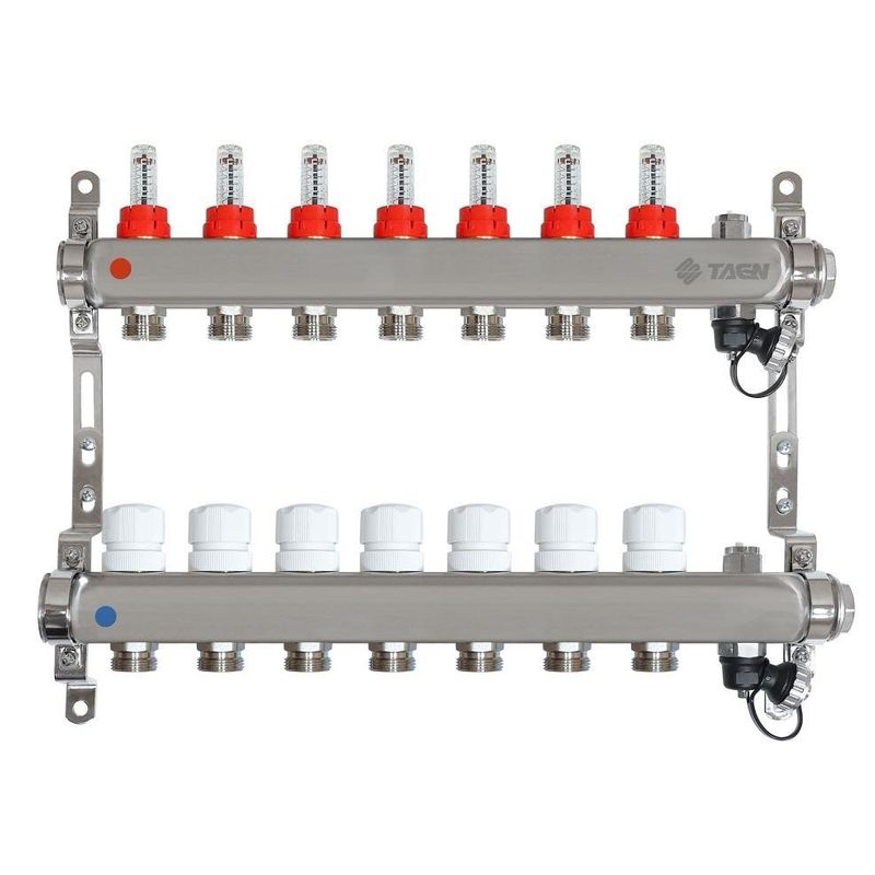 Коллекторная группа Taen 1" евроконус 3/4" на 7 выходов с расходомерами