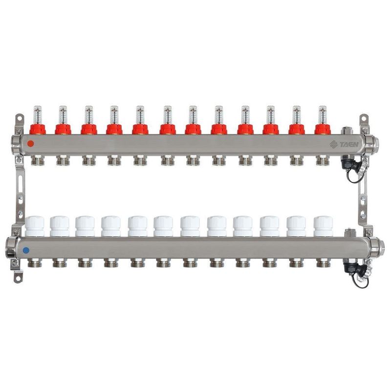 Коллекторная группа Taen 1" евроконус 3/4" на 12 выходов с расходомерами и термостатическими вентилями