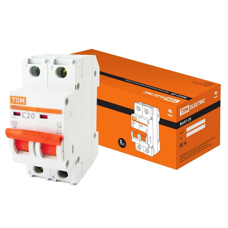 Выключатель автоматический двухполюсный C 20А 4.5кА TDM