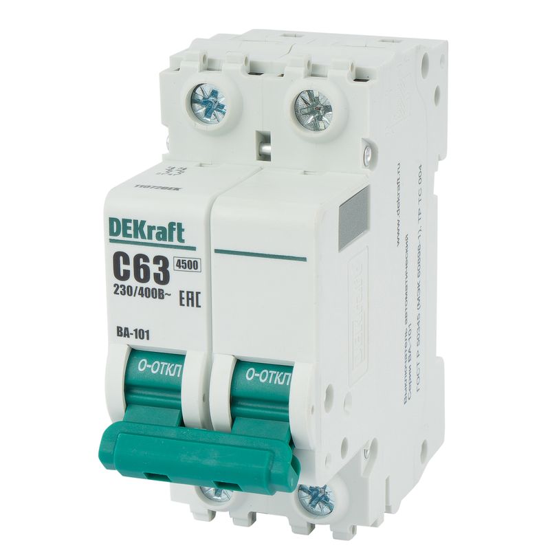 Выключатель автоматический двухполюсной C 63А 4.5кА DEKraft