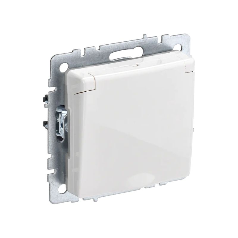 Механизм розетки с заземлением со шторками и крышкой Brite белая IP44 IEK