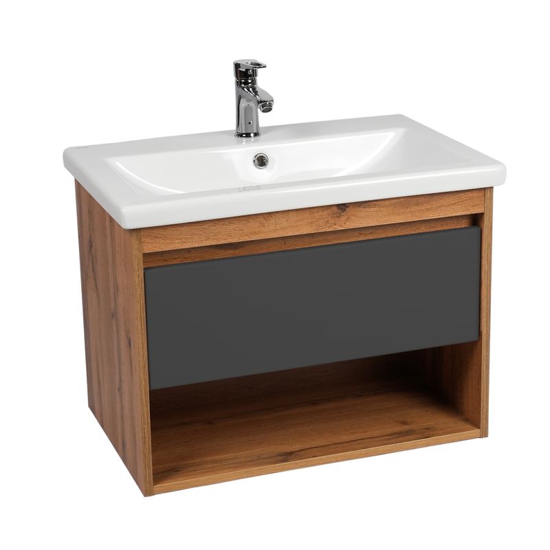 Тумба подвесная Viant Бостон 50 с раковиной Cersanit Como 50 дуб вотан/графит