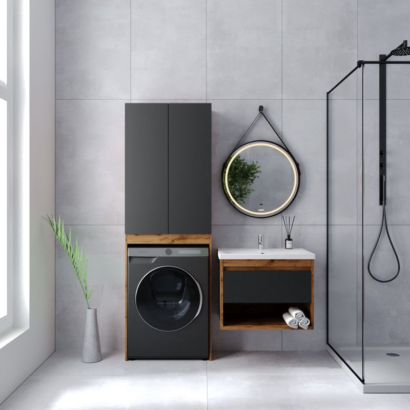 Тумба подвесная Viant Бостон 60 с раковиной Cersanit Como 60 дуб вотан/графит