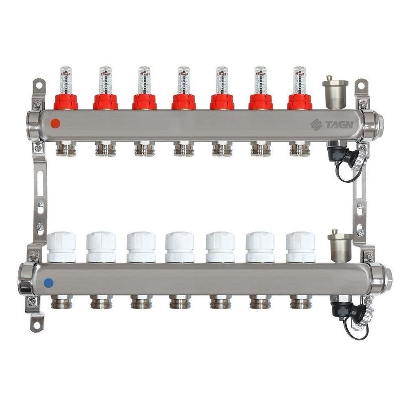 Коллекторная группа Taen 1" евроконус 3/4" на 7 выходов с расходомерами