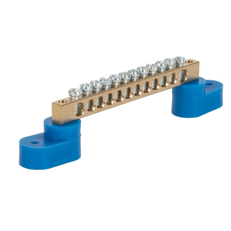 Шина нулевая 12 отверстий, 2 синих угловых изолятора, крепеж по центру 6х9 мм_1