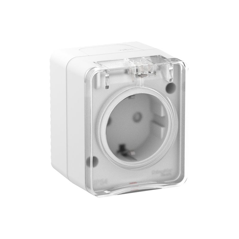 Розетка одноместная накладная с заземлением со шторками и крышкой AtlasDesign белая IP54 Systeme Electric