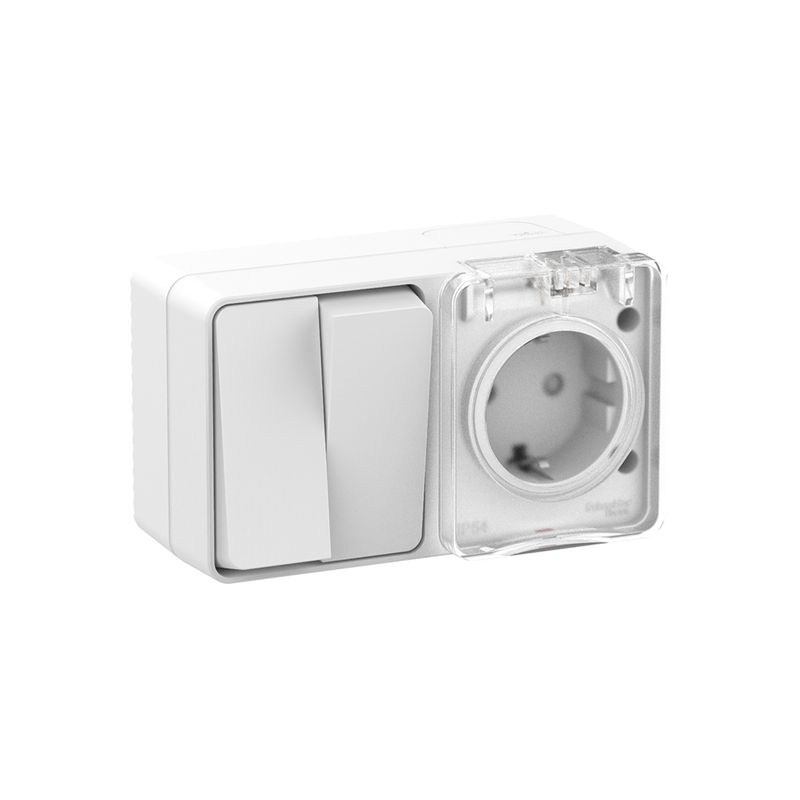 Блок выключателя двухклавишный и розетка с крышкой AtlasDesign белый IP54 Systeme Electric