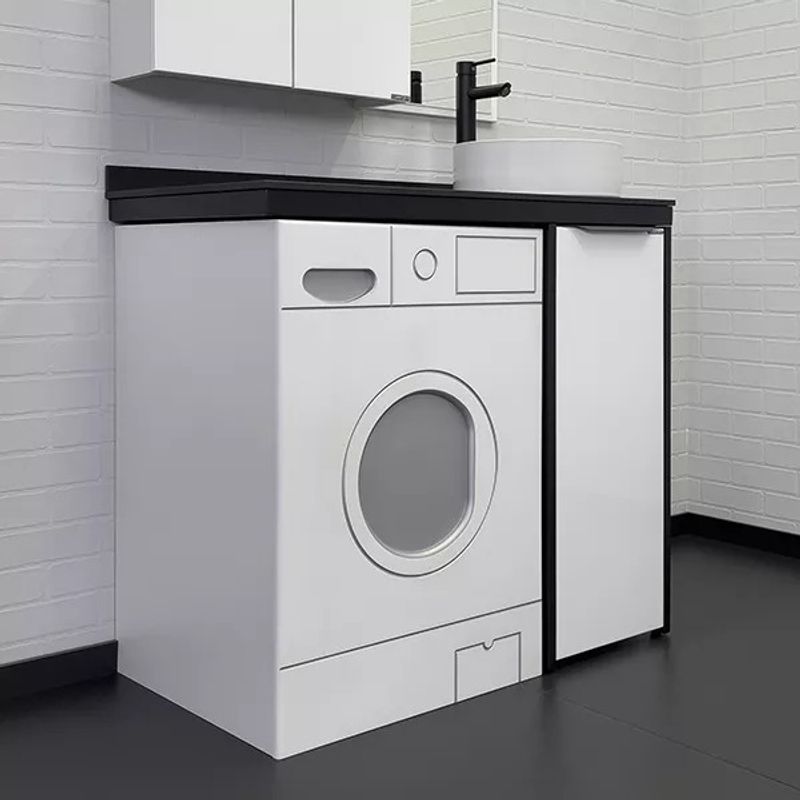 Тумба под стиральную машину Comforty Лозанна 100 с раковиной Comforty 9111 белый глянцевый со столешницей под мрамор Калакатта Блэк