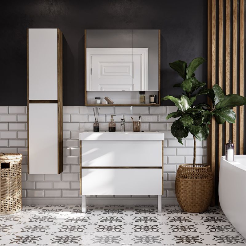 Зеркало шкаф Акватон Сканди 90 дуб рустикальный/белый глянцевый