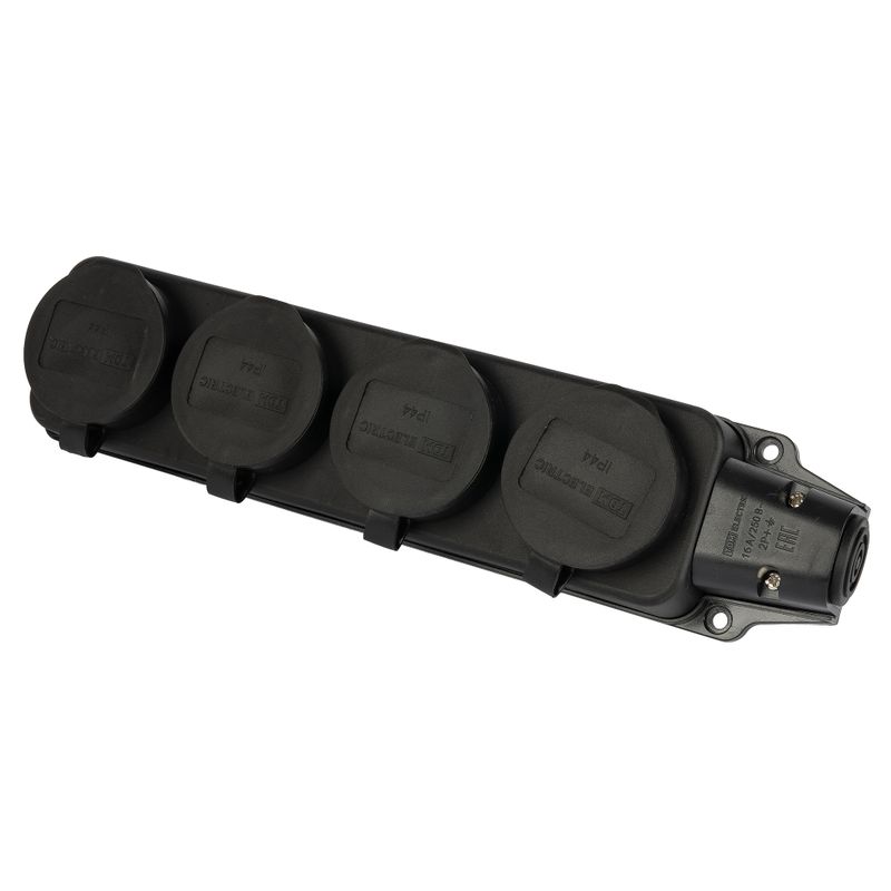 Колодка 4 гнезда с заземлением и  защитными крышками 16А 250 В IP44 черная TDM