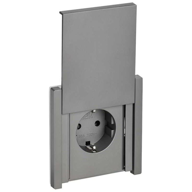 Розетка одноместная с заземлением со шторками и крышкой Forte&Piano сталь IP44 IEK