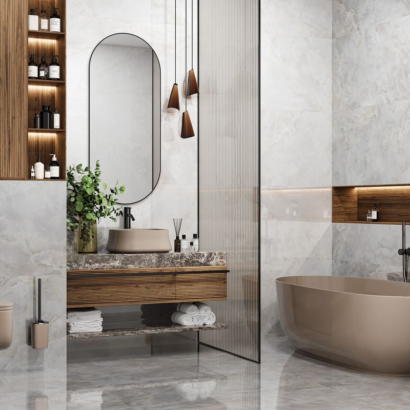 Керамогранит Onice Vetro Light 600х1200х7 мм светло-серый полированный New Trend