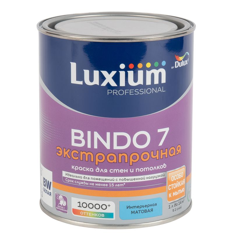 Краска интерьерная моющаяся Bindo 7 матовая 1л Luxium