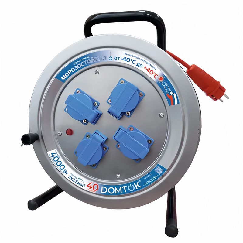 Удлинитель на катушке 40м 4 розетки с заземлением КГ 3х2,5мм 4000Вт IP44 Domtok