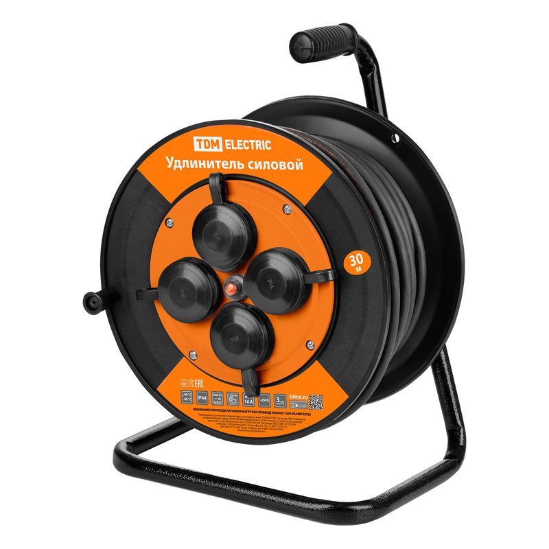 Удлинитель на катушке 30м 4 розетки с заземлением и термозащитой КГ 3х1,5мм IP44 TDM