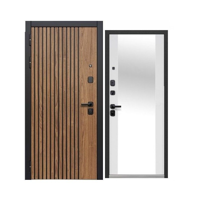 Дверь входная Luxor 2МДФ Рейка Зеркало орех лестной/эмалит белый 860мм левая