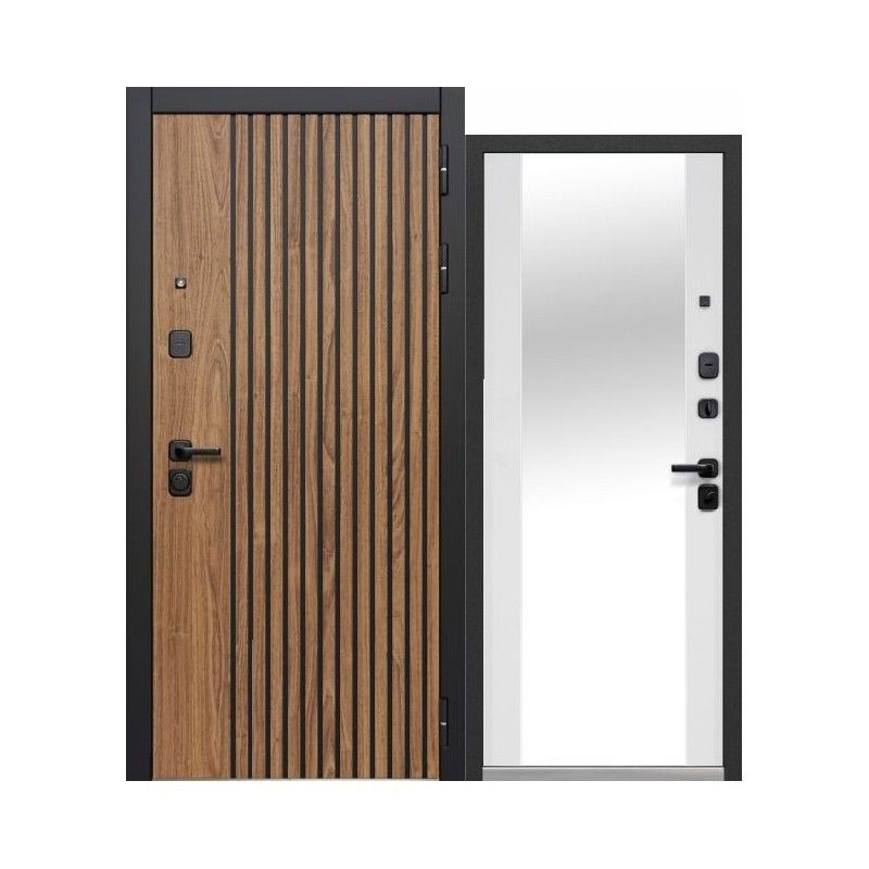 Дверь входная Luxor 2МДФ Рейка Зеркало орех лестной/эмалит белый 860мм правая