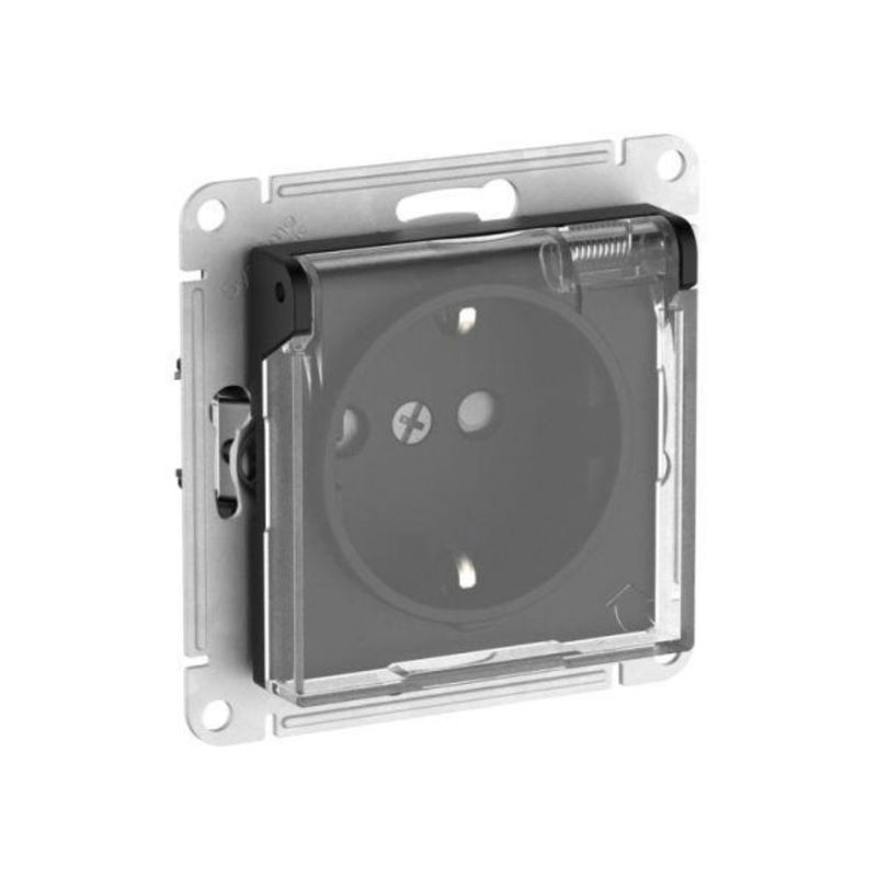 Механизм розетки с заземлением со шторками с прозрачной крышкой AtlasDesign карбон IP44 Systeme Electric