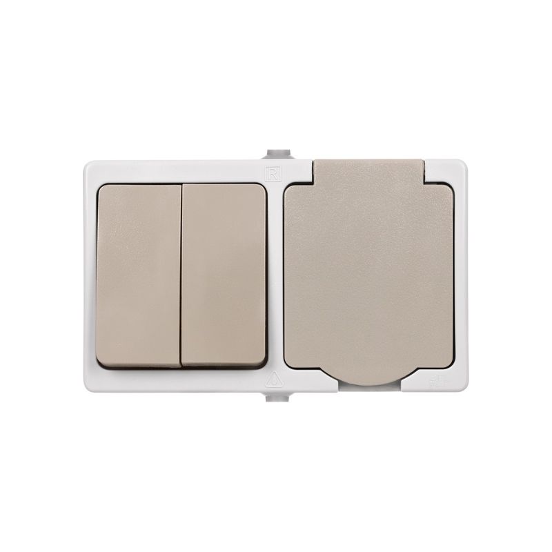 Блок горизонтальный выключатель двухклавишный и розетка с крышкой Вуокса серый IP54 TDM