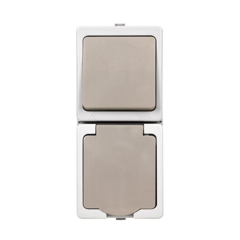 Блок вертикальный выключатель одноклавишный и розетка с крышкой Вуокса серый IP54 TDM