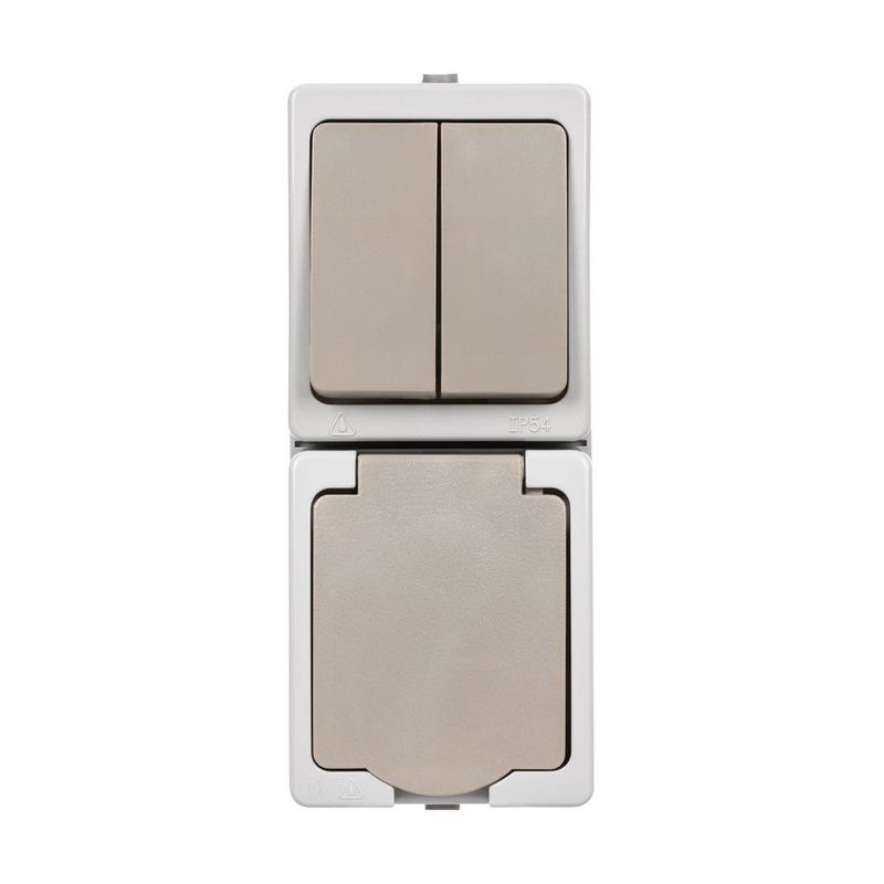 Блок вертикальный выключатель двухклавишный и розетка с крышкой Вуокса серый IP54 TDM