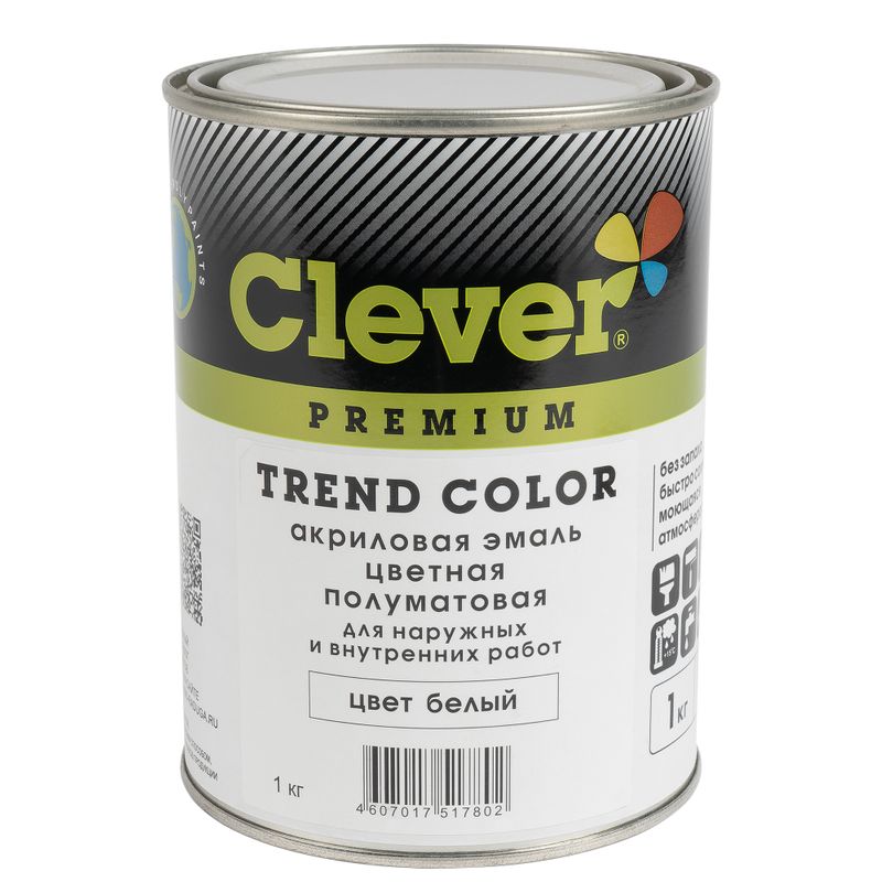 Эмаль акриловая универсальная Clever белая полуматовая 1кг