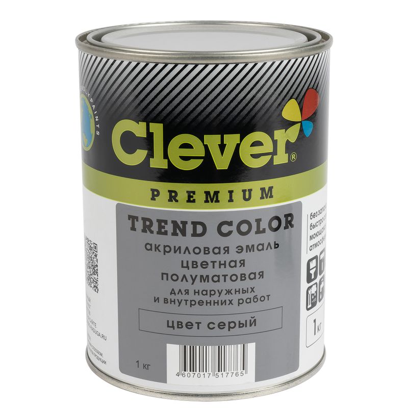 Эмаль акриловая универсальная Clever серая полуматовая 1кг