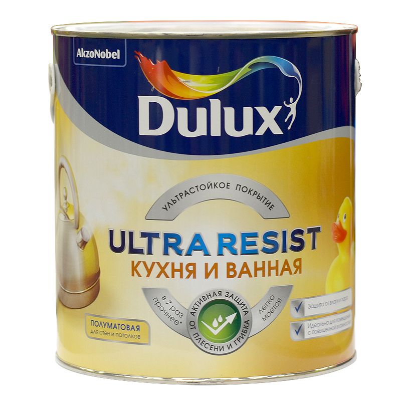 Краска для кухонь и ванных комнат DULUX Ultra Resist, белая, полуматовая, 2,5л