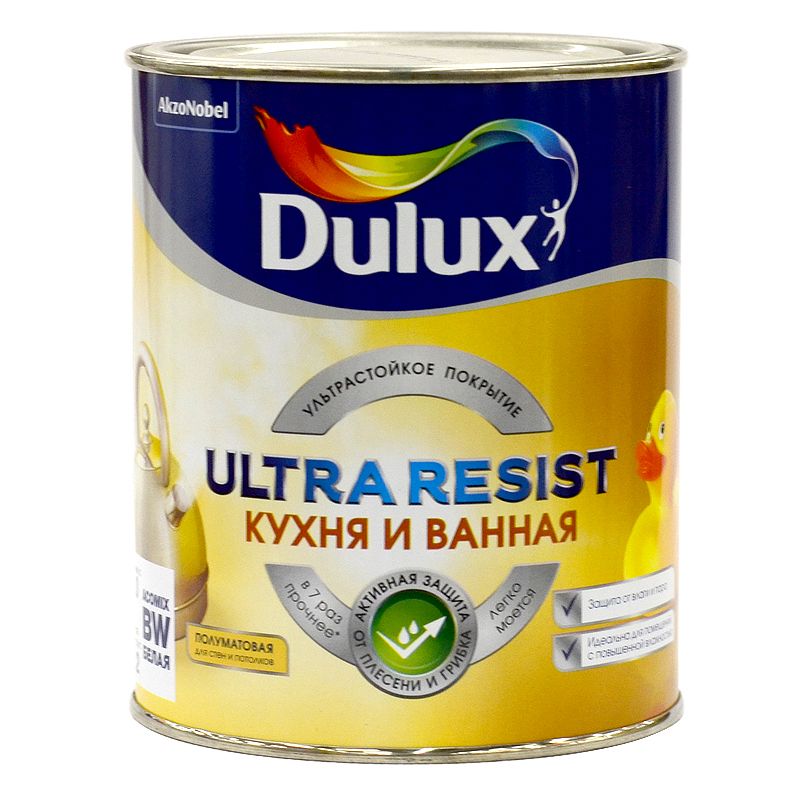 Краска для кухонь и ванных комнат DULUX Ultra Resist, белая, полуматовая, 1л